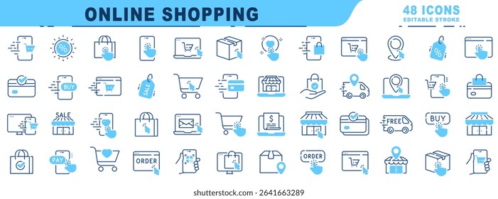 Big set of online shopping related filled icons. Editable stroke