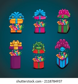 Big set open gift box with vector cartoon candy. Cute holiday illustration