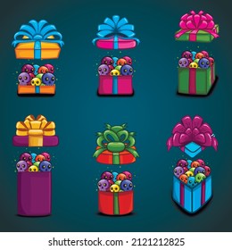 Big set open gift box with vector cartoon skull. Illustration in Halloween style