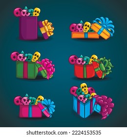 Big set with open gift box with vector different skulls . Can be used in game design. Vector illustration