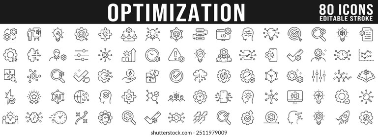 Gran conjunto de iconos de línea relacionados con la optimización. Proceso, automatización, productividad, etc. Trazo editable.
