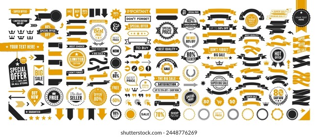 Big Set of Orange and Black vector Commercial Labels and Ribbon templates and web elements. Vector file is organized in layers to separate Graphic elements from Text and Shadows
