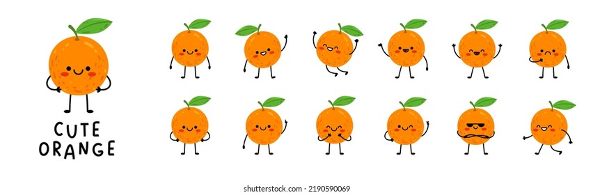 Gran conjunto con naranjas en diferentes poses. Caricatura de color naranja. Ilustración del vector plano aislada en fondo blanco