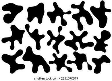 Big set of organic abstract random blob shapes. Fluid irregular forms elements. Liquid blotch silhouettes, water, wave, ink, abstract black element, bubble shapes, irregular oval, random shapes.