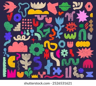 Big set of organic shapes in kids naive art style. Collage figures in colored for patterns, templates, web design and social media, stickers, promo design. Templates vector abstract geometric forms