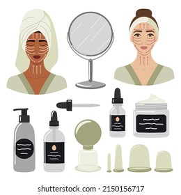 Big set of organic skin care products, face oil and vacuum massage cups. Female black and white faces with massage lines. Home beauty skin care routine. Hand drawn vector illustration.