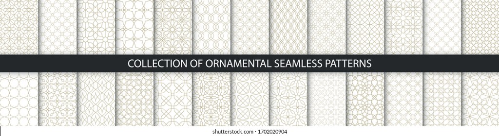 Big set of oriental patterns. White and gold background with Arabic ornaments. Patterns, backgrounds and wallpapers for your design. Textile ornament. Vector illustration.