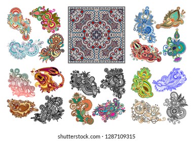 big set of original hand draw line art ornate flower design. Kalamkari traditional style, vector illustration collection