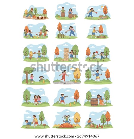 A big set of Outdoor Games illustrations featuring Apple Bobbing, Capture the Flag, Cornhole Game, Egg and Spoon Race, Frisbee Throw, designed in a colorful cartoon style on a white background