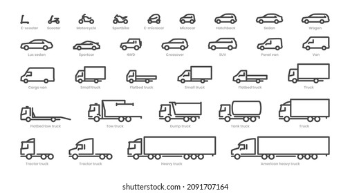 Big Set Outline Car Icons, Types Of Transport