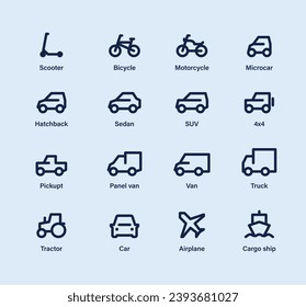 Big set outline icons, different types delivery transport 