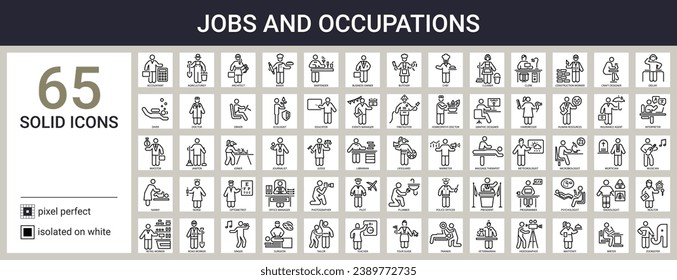 Big set of outline icons on white bg for web design. Contains such icons as agriculturist, architect, photographer, craft designer, deejay, joiner, singer, tailor, writer, psychologist. Pixel perfect.