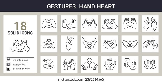 Big set of outline icons on white in cartoon style. Language of non-verbal communication, hand gestures to convey information instead of talking, hand heart gestures. Pixel perfect, editable stroke.