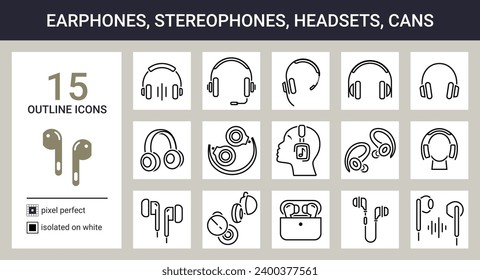 Big set of outline icons on white background. Earphones, in-ear headphones, stereo phones, headsets, cans etc. Pixel perfect. svg