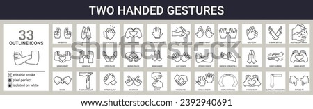 Big set of outline icons on white in cartoon style. Language of non-verbal communication, two-handed gestures to convey information instead of talking, counting on fingers. Pixel perfect.
