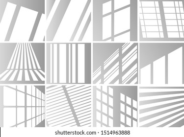 Big set of the overlay shadow effects. Shadow and light from the window. Reflection of light on the wall. Transparent shades for your design. Vector illustration.