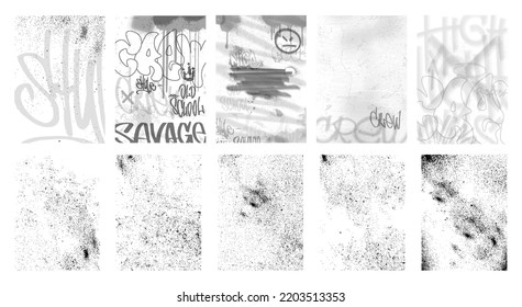 Big set overlay texture stamps - dust, grunge, graffiti, damage, old, street art, grainy, spray, splot, damage and other. Vector textured collection, overlay grunge, urban backgrounds. Vector stamps