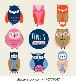 Big set of owls. Vector illustration.