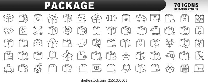 Big set of package related line icons. Delivery, parcel, box, cargo etc. Editable stroke