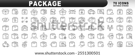 Big set of package related line icons. Delivery, parcel, box, cargo etc. Editable stroke