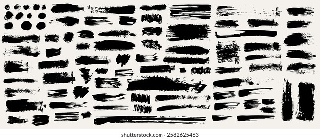 Big set of paint brush strokes, hand drawn thick grunge lines and rectangle shapes. Grunge bold marker highlight underline. Sketchy bold horizontal lines. Vector ink dry brush strokes, banners, web.