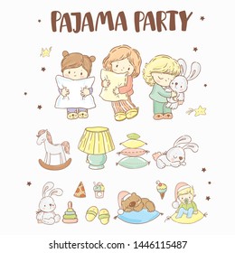 Big set with pajama party icons/ cute little girls, pillow and more