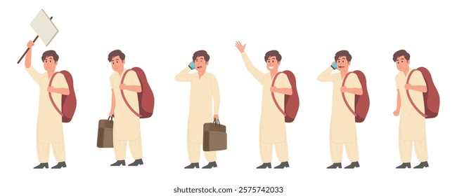 Big Set of Pakistan man wear shalwar kameez character vector illustration design. Presentation in various action. vector illustration