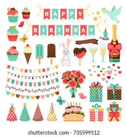 Big set of party icons. Gift boxes and birthday cake, flowers and colorful flags, ice cream and party hats, vector icons collection