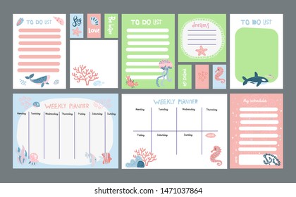 Big set of Pastel planner with Marine life cute illustrations. Timetables and to do lists with simple scandinavian whale and fish characters and trendy lettering. Vector Template for agenda, planners.