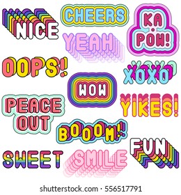 Big set of patches, stickers, badges, pins with words "Nice", "Cheers", "XOXO", "Peace out", "Wow", "Yeah", "Ka-pow!", "Sweet", etc. Modern slang phrases. Quirky cartoon comic style of 80s - 90s. 