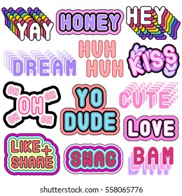 Big set of patches, stickers, badges, pins with words "Yay", "Honey", "Like&Share", "Love", "Hey", "Swag", etc. Modern slang phrases. Cute kawaii collection. Quirky cartoon comic style of 80s - 90s. 