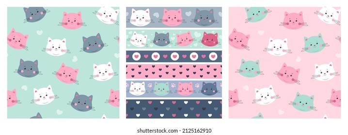 Big set of pattern, washi tape. Seamless colorful ribbons and sample with cat faces, paws and hearts.  Perfect for craft, scrapbooking, party decoration, fabric, textile ribbons etc.