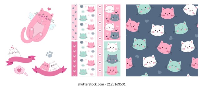 Big set of pattern, washi tape and characters. Seamless colorful ribbons and sample with cat faces, paws and hearts.  Perfect for craft, scrapbooking, party decoration, fabric, textile ribbons etc.