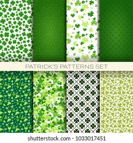 Big Set Of Patterns For Saint Patricks Day Irish Seamless Backgrounds With Clover Leaves Vector Illustration