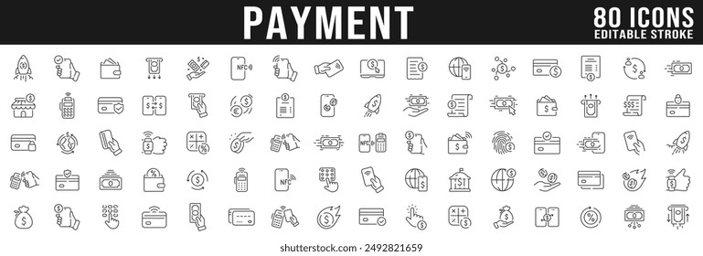 Big set of payment related line icons. NFC, card, phone, money, cash, wallet etc. Editable stroke