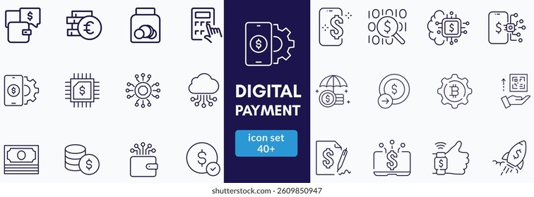Big set of payment related line icons. NFC, card, phone, money, cash, wallet etc. Editable stroke