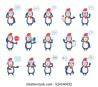 Big set of penguin characters posing in different situations. Cheerful penguin talking on phone, surprised, thinking, holding stop sign, loudspeaker and doing other actions. Flat vector illustration