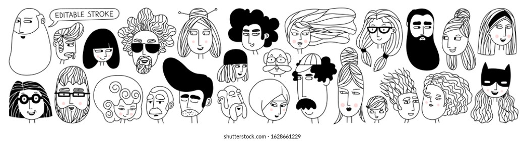 Big Set Of People Avatars For Social Media, Website. Doodle Portraits Fashionable Girls And Guys. Trendy Hand Drawn Icons Collection. Black And White Vector Illustration