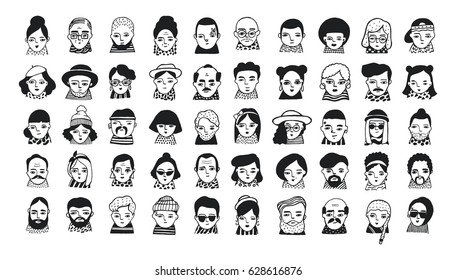 Big set of people avatars for social media, website. Doodle portraits fashionable girls and guys. Trendy hand drawn icons collection. Black and white vector  illustration.