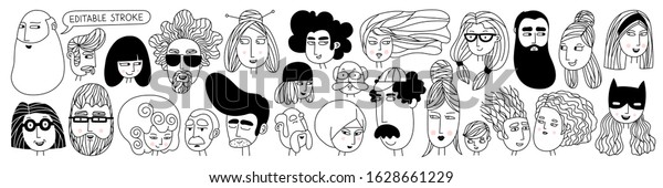 Big set of people\
avatars for social media, website. Doodle portraits fashionable\
girls and guys. Trendy hand drawn icons collection. Black and white\
vector illustration