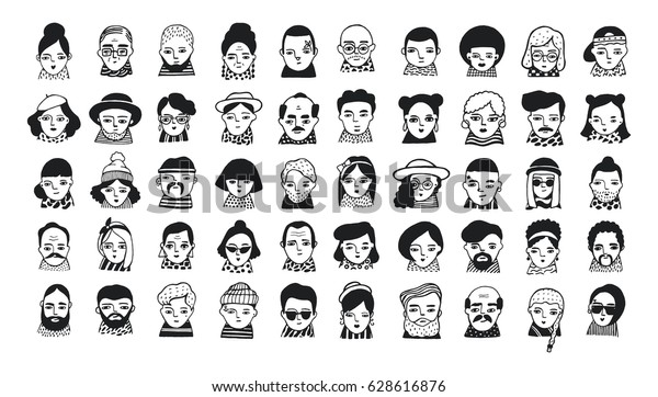 ソーシャルメディアやウェブサイトの人々のアバターの大きなセット おしゃれな女の子や男の子を描いた落書き トレンディ手描きのアイコンコレクション 白黒 のベクターイラスト のベクター画像素材 ロイヤリティフリー 628616876