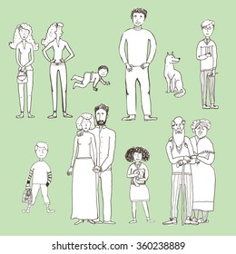 Big set of people cartoon style sketch. A happy family. Father, mother, children, grandparents, uncles and aunts, nephews, teens, baby, pets, twins, twins, brothers and sisters, a cat, a dog, a bird.