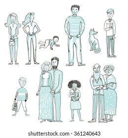 Big set of people cartoon style sketch. A happy family. Father, mother, children, grandparents, uncles and aunts, nephews, teens, baby, pets, twins, brothers and sisters, a cat, a dog, a bird.