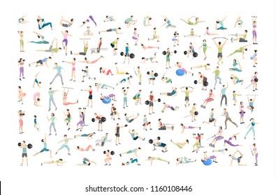 Big set of people doing exercises in the gym. Fitness and healthy lifestyle. Lifting weights, doing yoga and aroebics. Muscle bulding. Isolated flat vector illustration