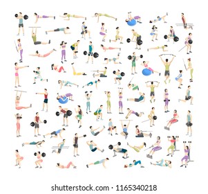 Big set of people doing exercises in the gym. Fitness and healthy lifestyle. Lifting weights, doing yoga and aroebics. Muscle bulding. Isolated flat vector illustration