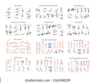 Big set of people doing exercises in the gym. Fitness and healthy lifestyle. Workout with dumbbell for different groups of muscles. Isolated flat vector illustration - Shutterstock ID 1165340239