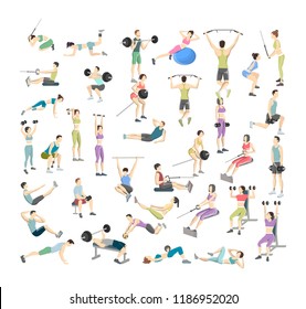 Big set of people doing exercises in the gym. Fitness and healthy lifestyle. Workout with dumbbell, fitness ball and barbell for different groups of muscles. Isolated flat vector illustration