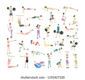 Big set of people doing exercises in the gym. Fitness and healthy lifestyle. Workout with dumbbell, fitness ball and barbell for different groups of muscles. Isolated flat vector illustration