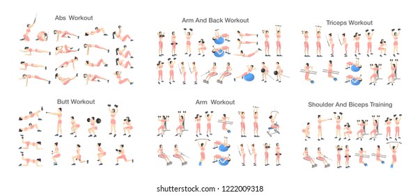 Big set of people doing exercises in the gym. Workout with dumbbell for different groups of muscles. Arm and butt training for women. Isolated flat vector illustration