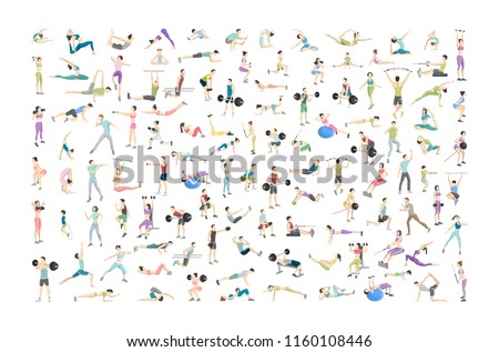 Big set of people doing exercises in the gym. Fitness and healthy lifestyle. Lifting weights, doing yoga and aroebics. Muscle bulding. Isolated flat vector illustration